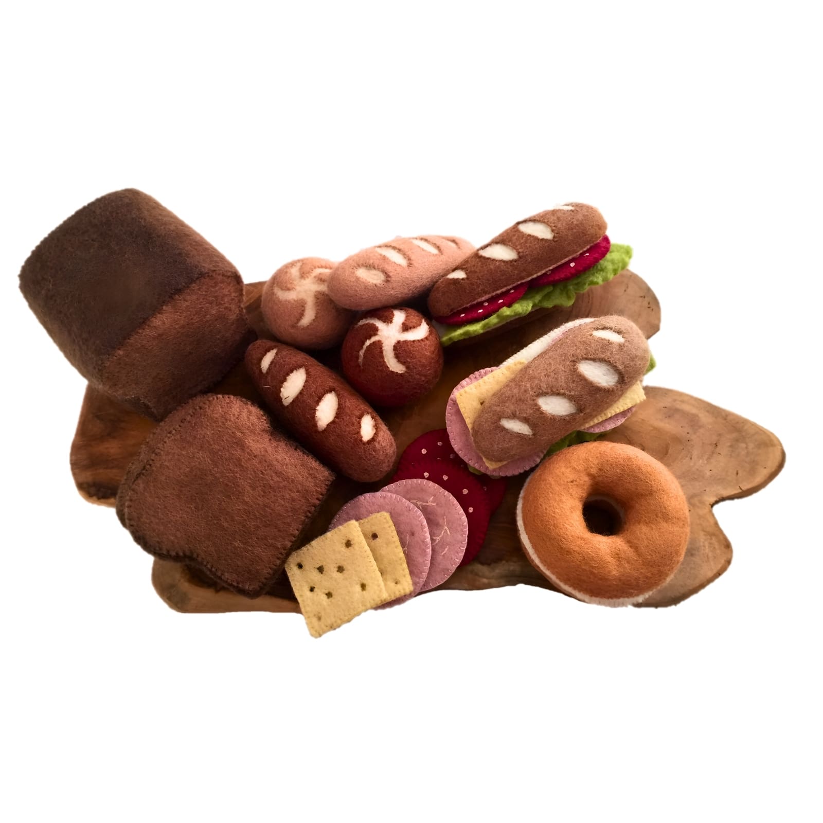 Filz Deluxe Brotset auf Teakholzscheibe